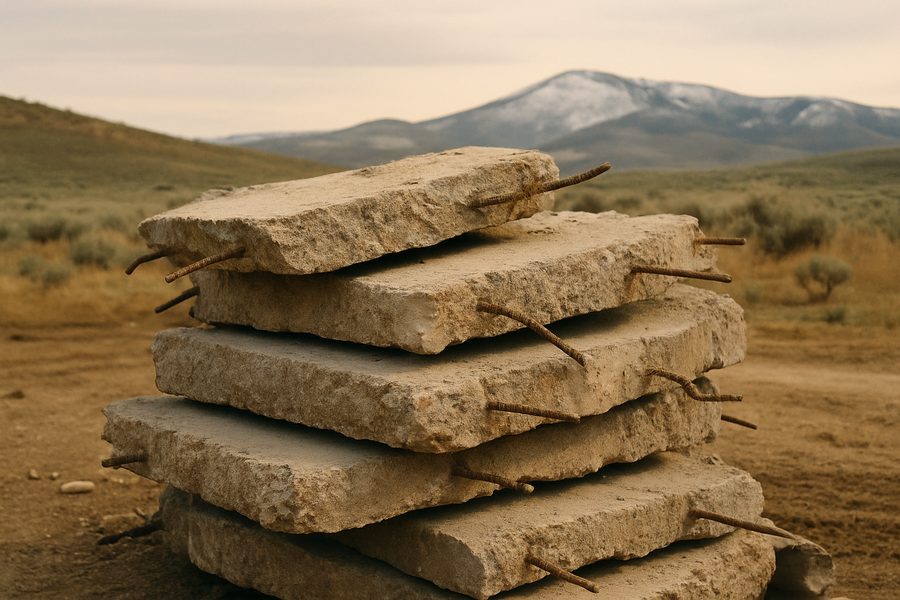 Stack of broken concrete slabs with exposed rebar, ready for haul-off