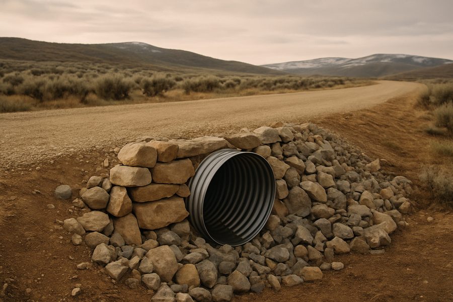 Culvert pipe set in a rock headwall under a gravel driveway