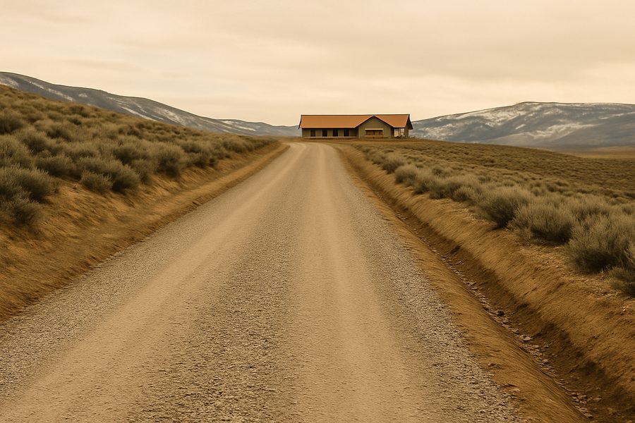 Long gravel driveway with drainage ditches leading to a ranch house