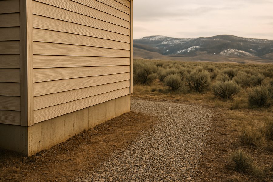 Gravel buffer and cleared ground along the wall of a house