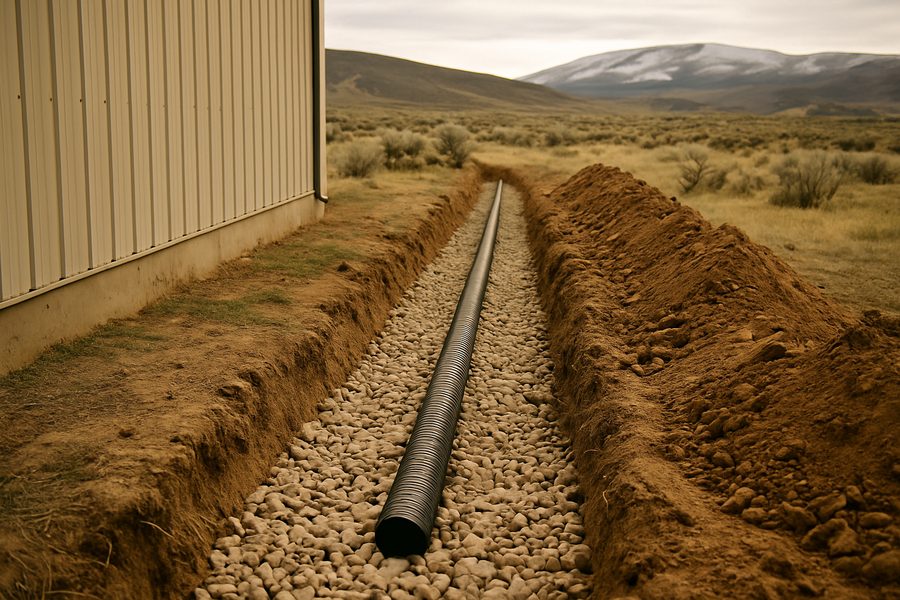 French drain with perforated pipe in a gravel trench beside a building