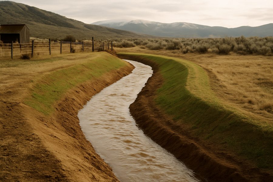 Grassed drainage ditch carrying water along a fence line