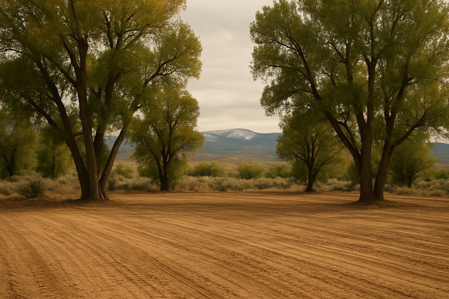 Cleared and leveled ground between mature trees