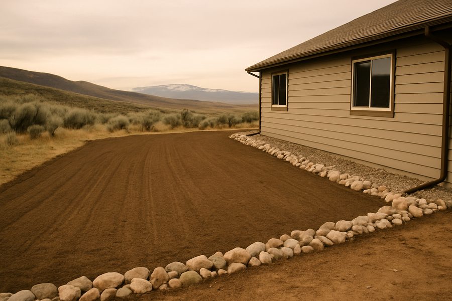 Graded yard with a river rock border along a house