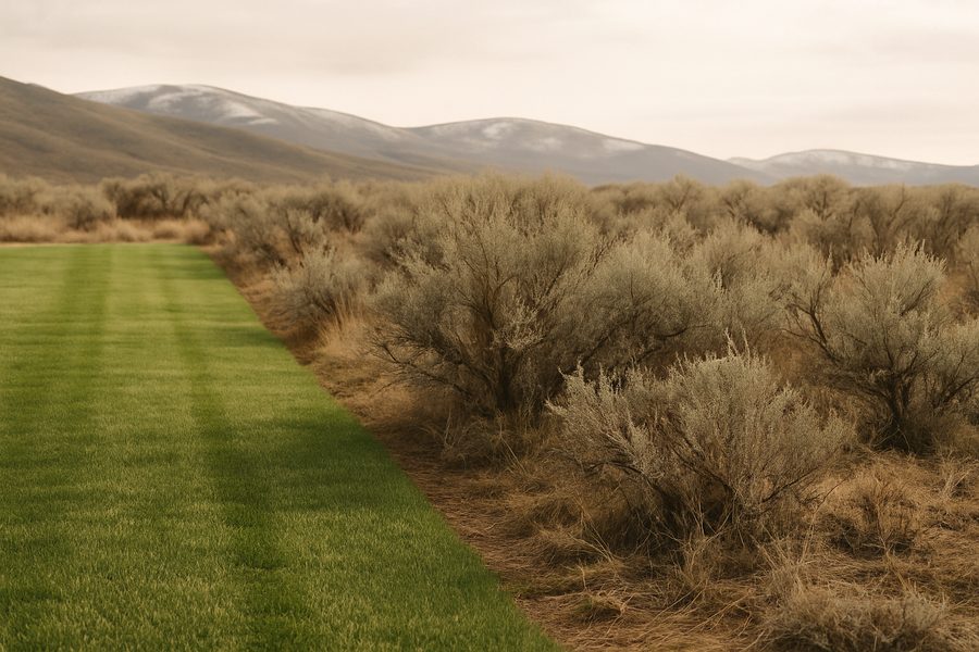 Mowed strip of lawn next to native sagebrush