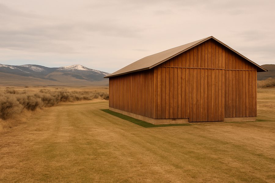 Mowed field around a wooden barn