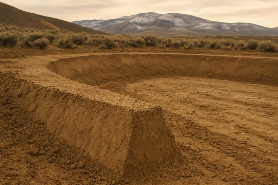 Freshly shaped pond basin with compacted earthen banks