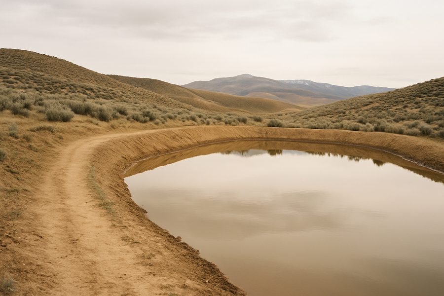 Stock pond holding water with a dirt track around it