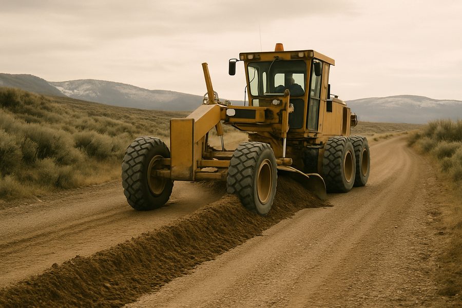 Motor grader shaping a gravel road