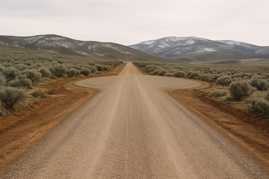 Gravel private road ending in a turnaround loop