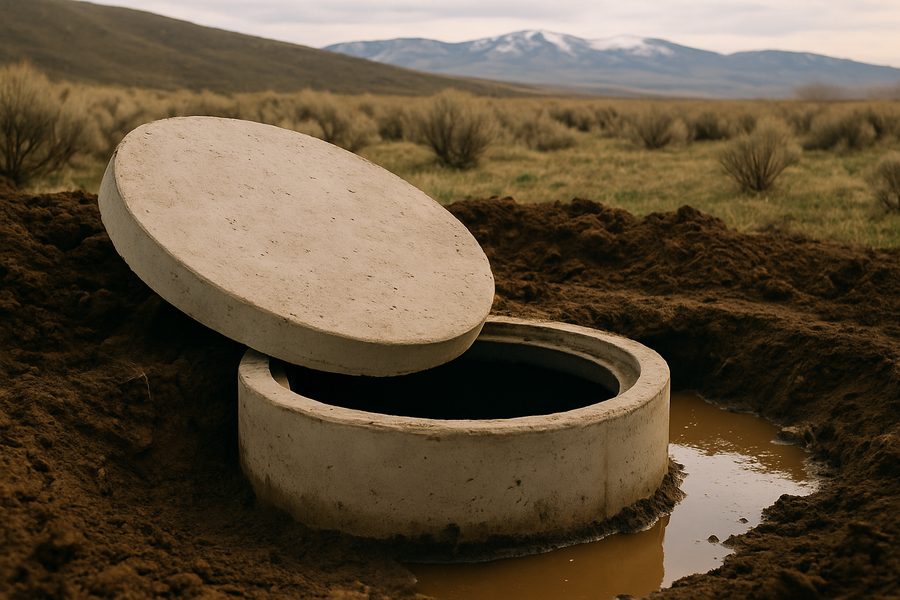 Opened concrete septic tank riser with its lid set aside