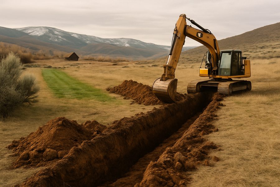 Excavator digging a trench for a septic line in a field