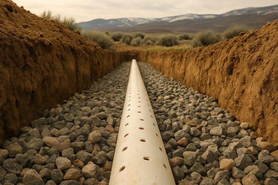 Perforated leach field pipe laid on gravel in a trench