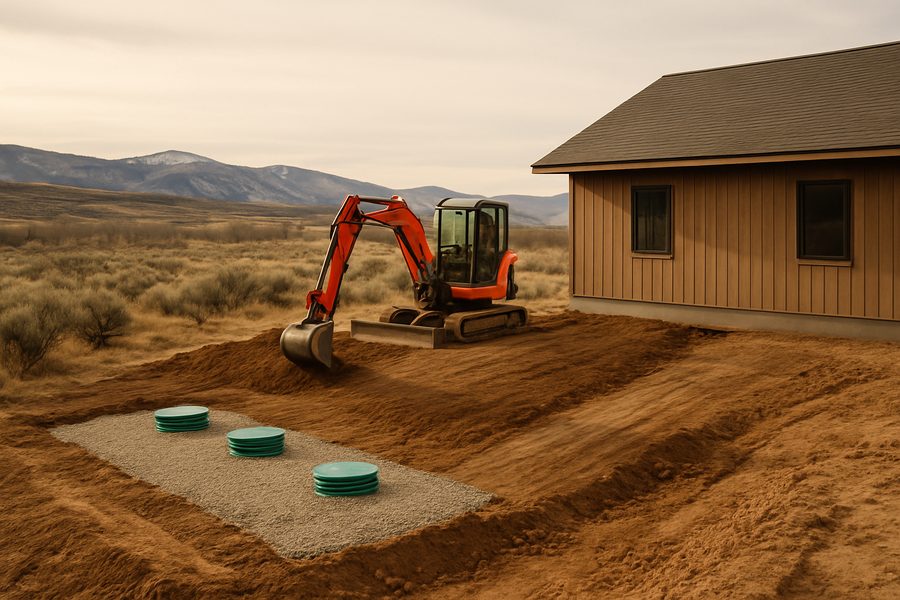 Mini excavator beside newly installed septic tank lids near a house