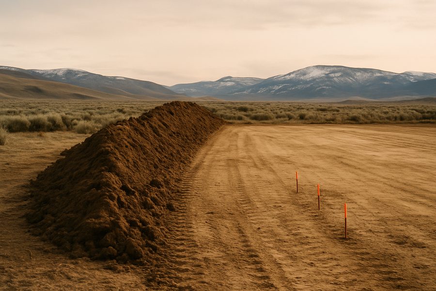 Stripped building site with a topsoil pile and survey stakes