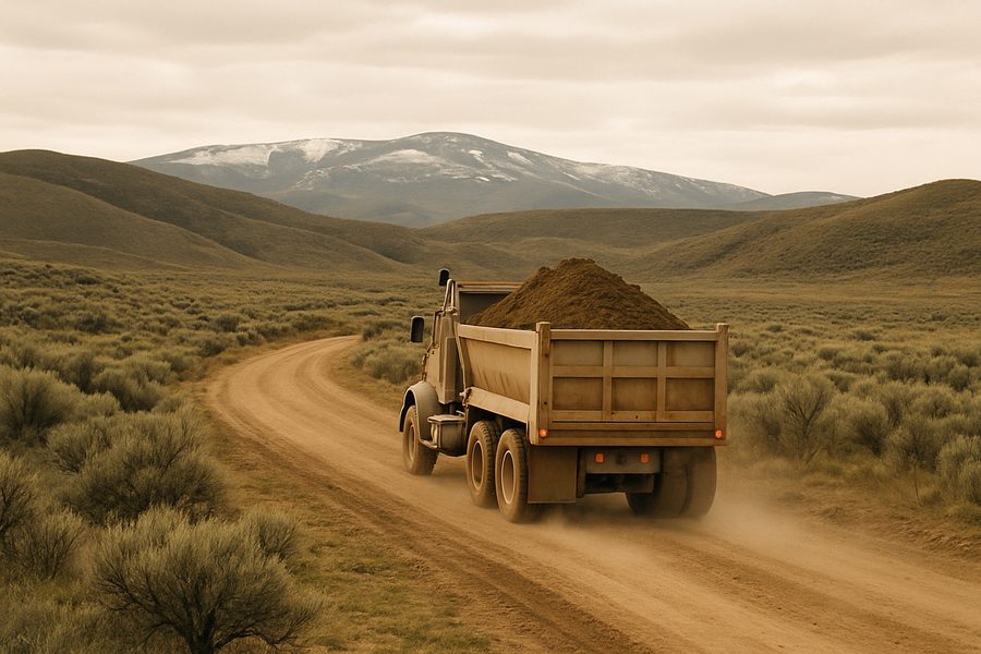 Dump truck hauling a load of dirt on a rural road