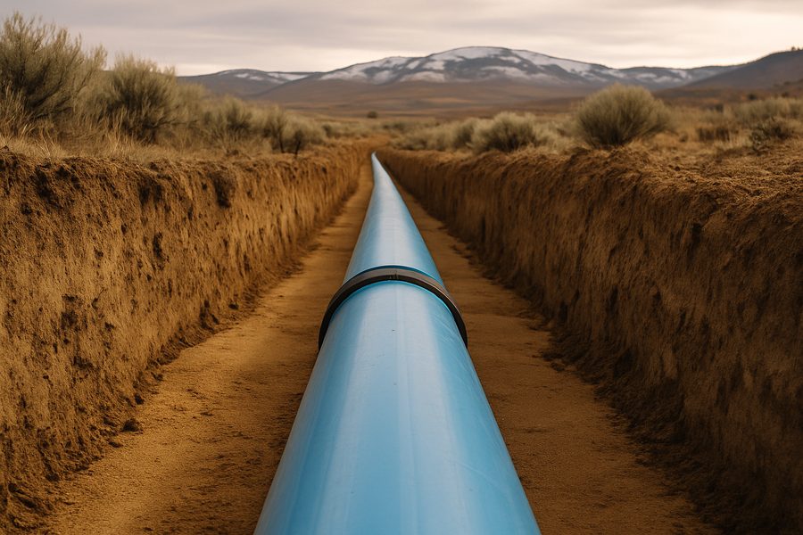 Blue water line pipe laid in a deep utility trench