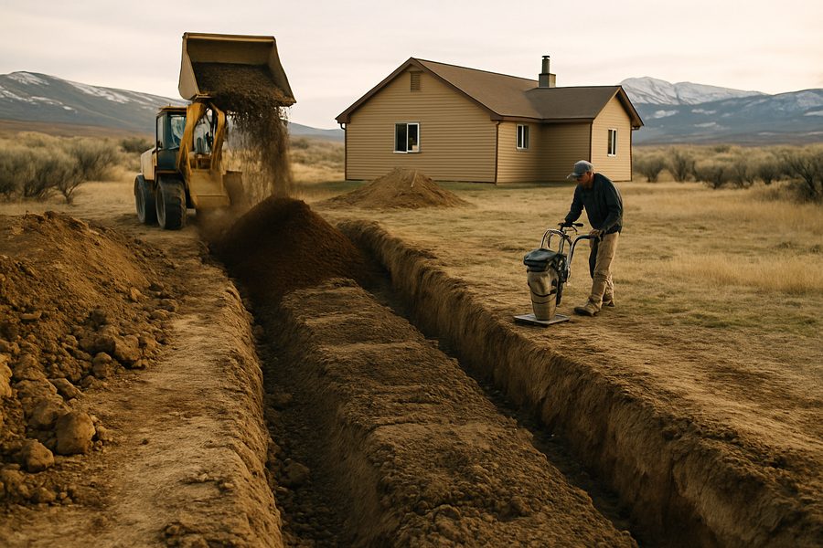 Skid steer backfilling a utility trench while a worker compacts the soil